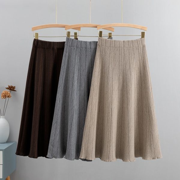 Autumn Winter Women Knitted Pleated Skirts Elegant Thick Warm A Line Skirts CHIC Long Maxi Midi Sweater Skirts